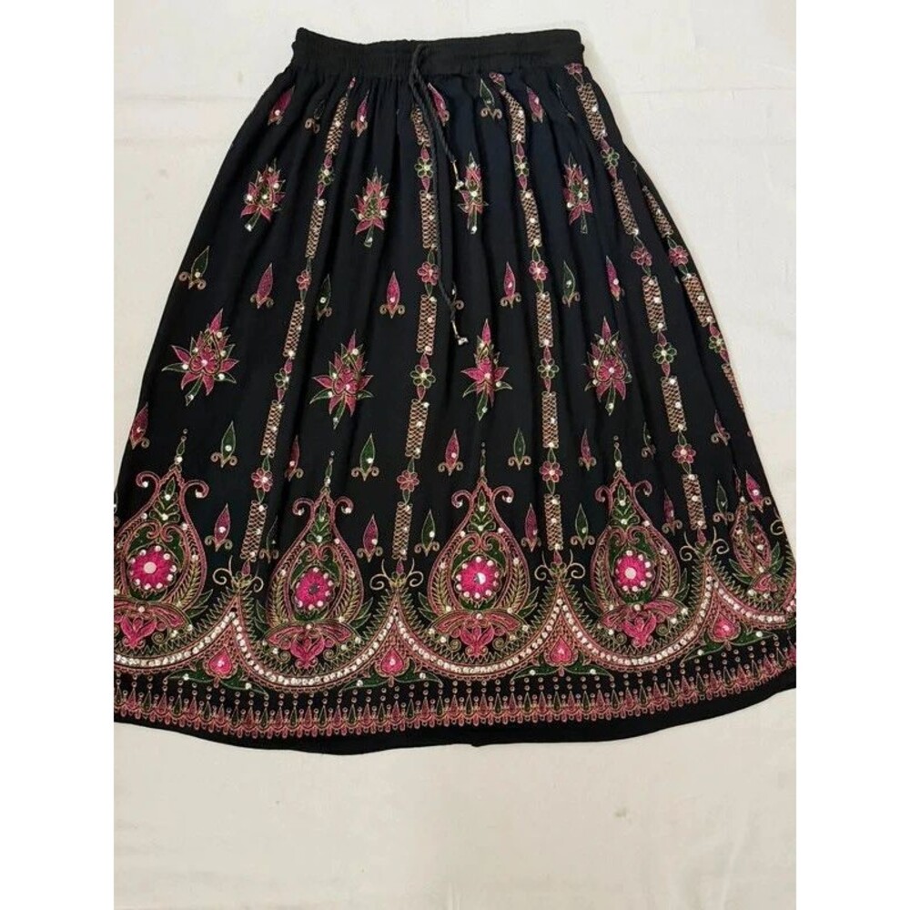 Gypsy Rose Nepal Black Embroidered Mirror Maxi Skirt Boho Festival Rayon S